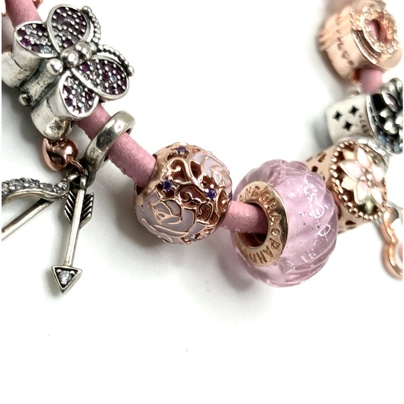 Authentic PANDORA Rose Gold two-tone w/ pink leather-band adjustable bracelet - Picture 2 of 8